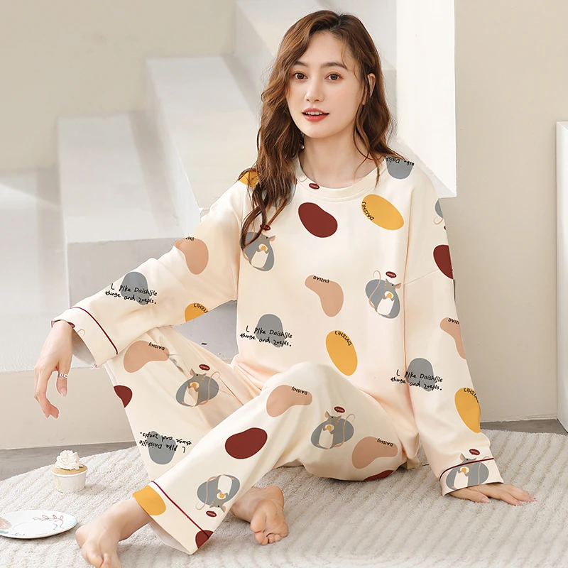 睡衣女春秋纯棉长袖秋季全棉韩版休闲大码女士秋冬薄款家居服套装