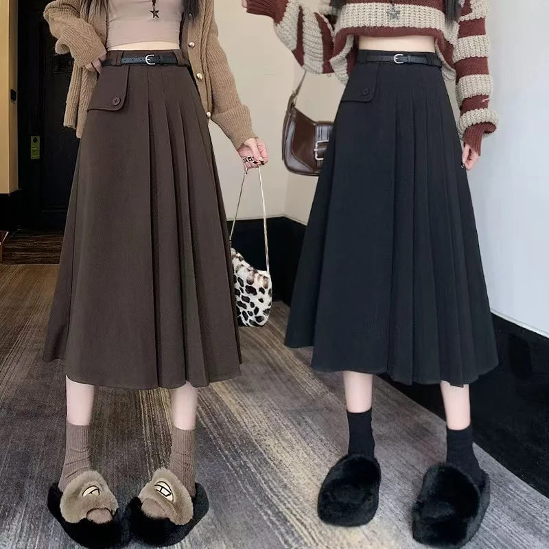 高腰百褶毛呢半身裙女春秋季2024秋冬新款大摆裙a字女士中长裙子