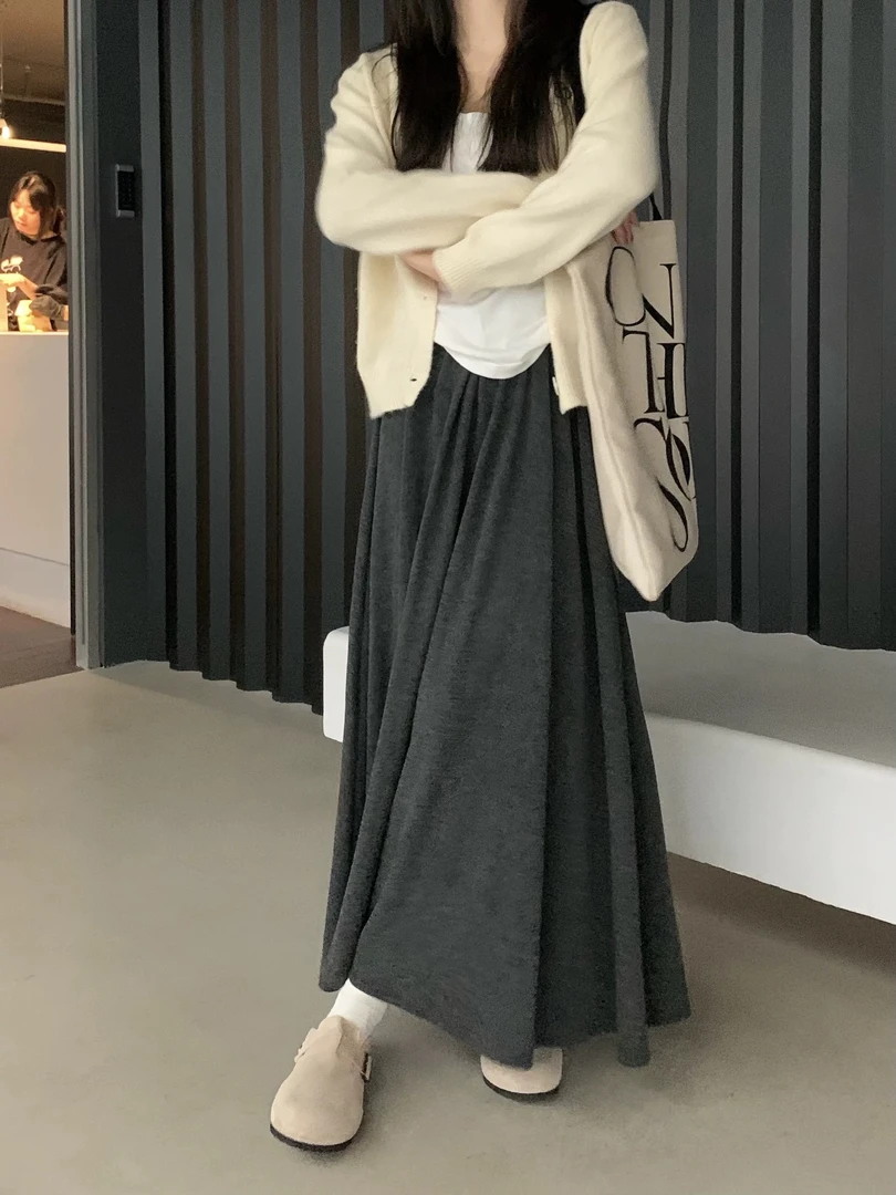 春秋款糯米裙春款高腰慵懒风显瘦裙子百搭女装长款A字大摆