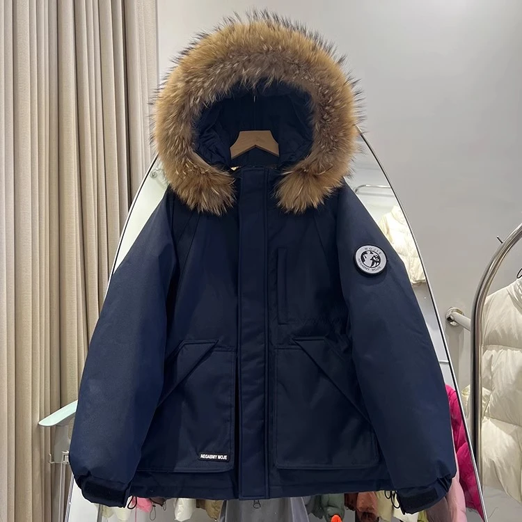 藏青色大毛领派克服女2024年冬季棉袄棉服女短款加厚小个子外套潮