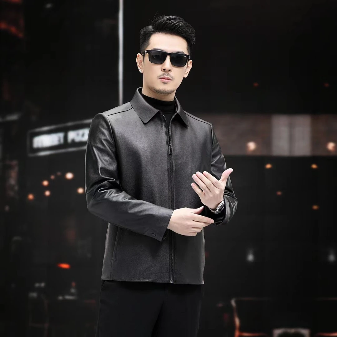 翻领夹克休闲男士真皮皮衣牛皮秋冬保暖商务修身中年男款皮外套