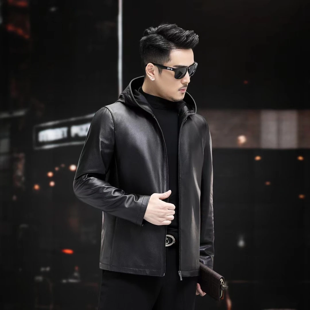 连帽牛皮真皮皮衣男男士短款时尚休闲商务秋冬新款皮夹克外套修身