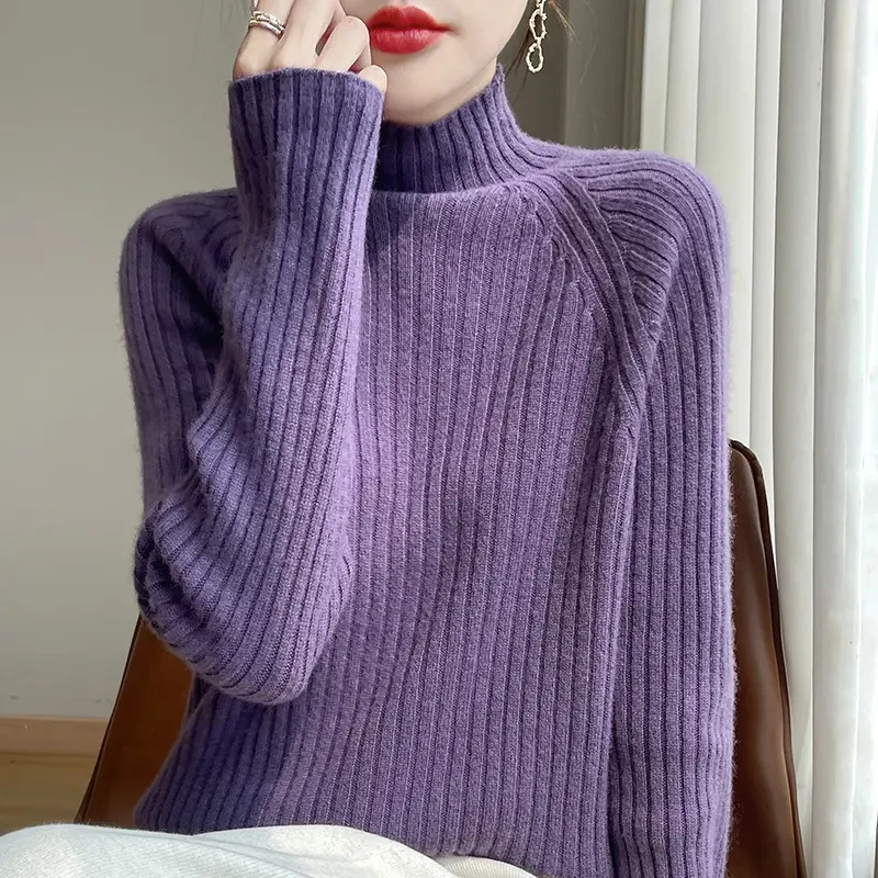 一线成衣无缝设计！100%羊毛宽条百搭时尚半高领针织套头打底女士