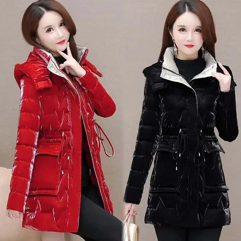 雪中飞羽绒服2023新款亮面免洗女中长款加厚修身显瘦珠光炫彩小个