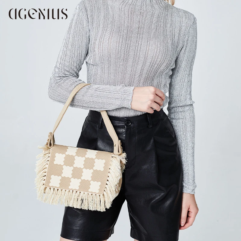 DGENIUS包包女式2024新款针织包流苏通勤斜挎包小众高级感小方包