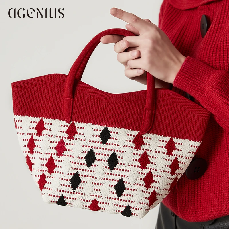 DGENIUS红色手提包包女2024新款针织轻奢小众新娘婚包日常托特包