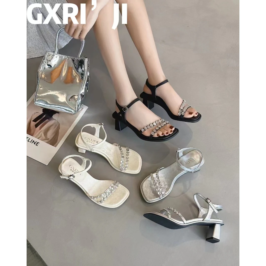 GXRI’JI/共享日记凉鞋2024夏季新款绝美水钻一字带配裙气质高跟鞋