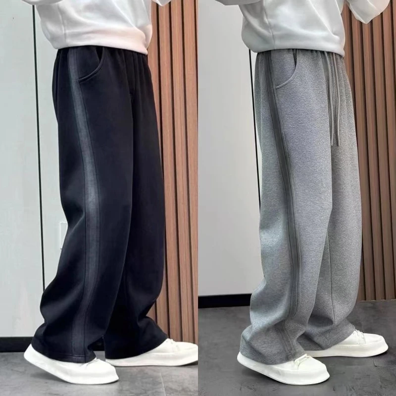 男士潮流条纹拼接百搭阔腿裤秋冬新款美式宽松渐变垂感直筒休闲裤