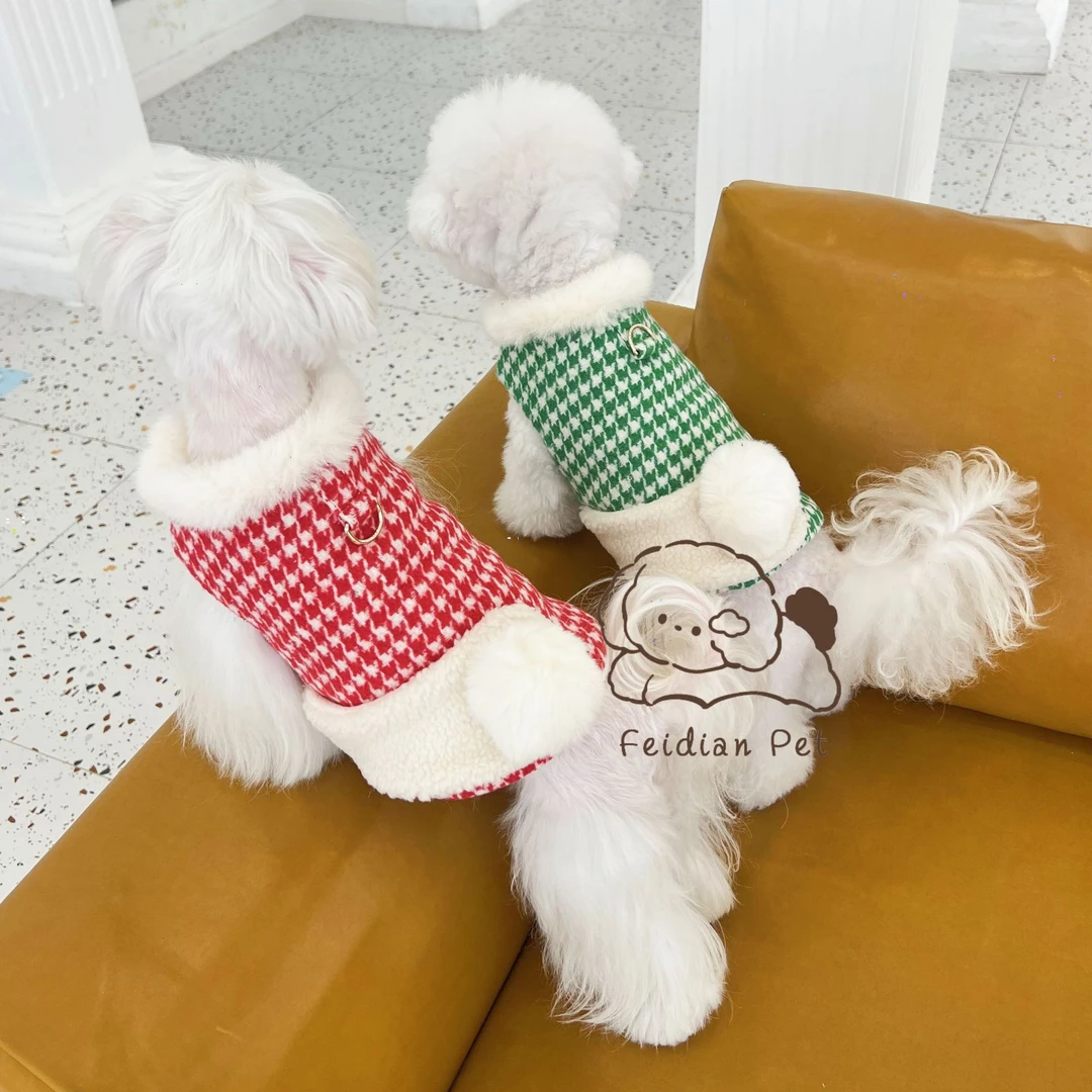 秋冬宠物毛领牵引扣24千鸟格兔尾巴棉衣马甲猫狗可爱保暖出行外套