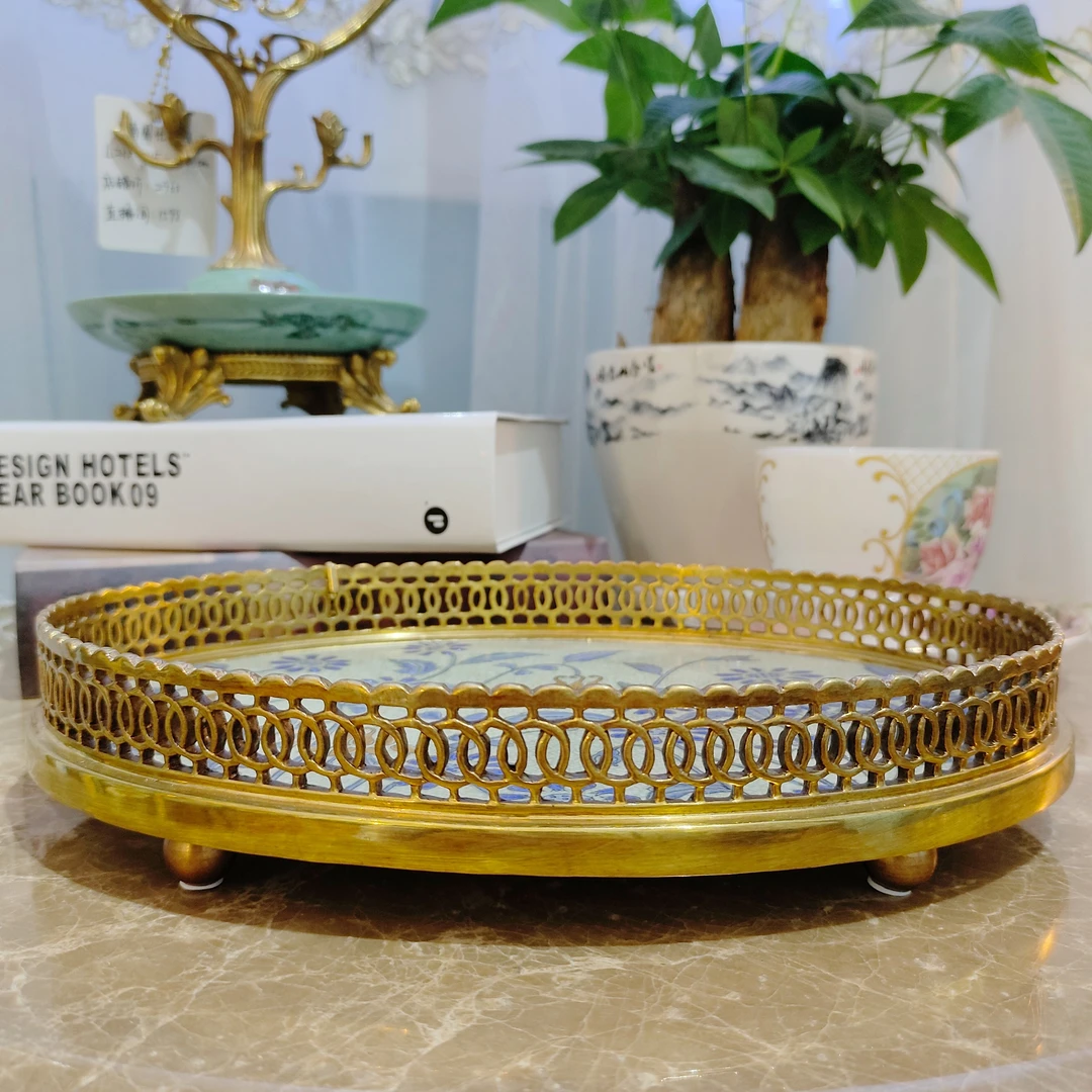 法式复古风铜配陶瓷精美手绘花朵桌面摆件托盘