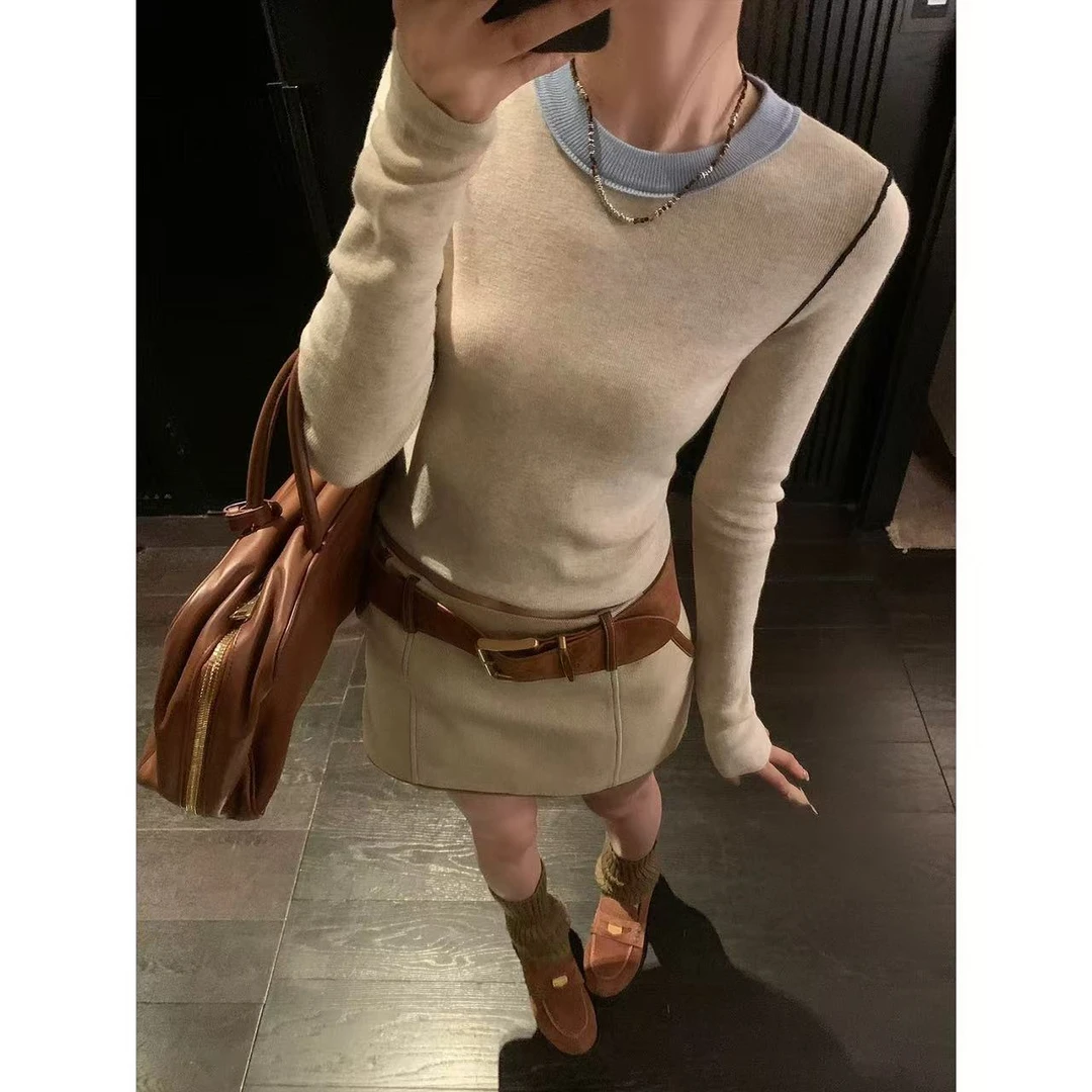 徐秋阳  羊毛撞色领  百搭时尚休闲设计感显瘦显白毛衣YM233-