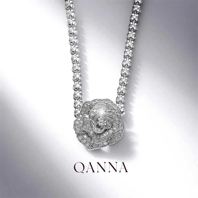 QANNA【2.8克拉 山茶花颈链】18K金时尚气质女人钻石锁骨38cmAF