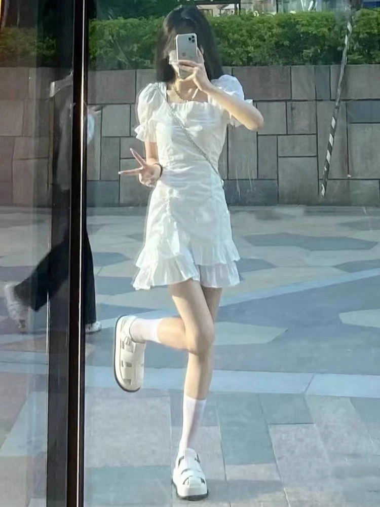 法式茶歇温柔风小个子白色仙女初恋蓬蓬裙子收腰显瘦连衣裙子女夏