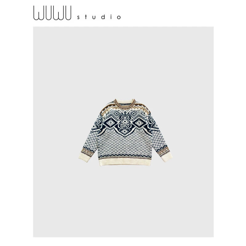 WUWU STUDIO【青花瓷】几何图案羊驼费尔岛花纹套头长袖毛衣6671