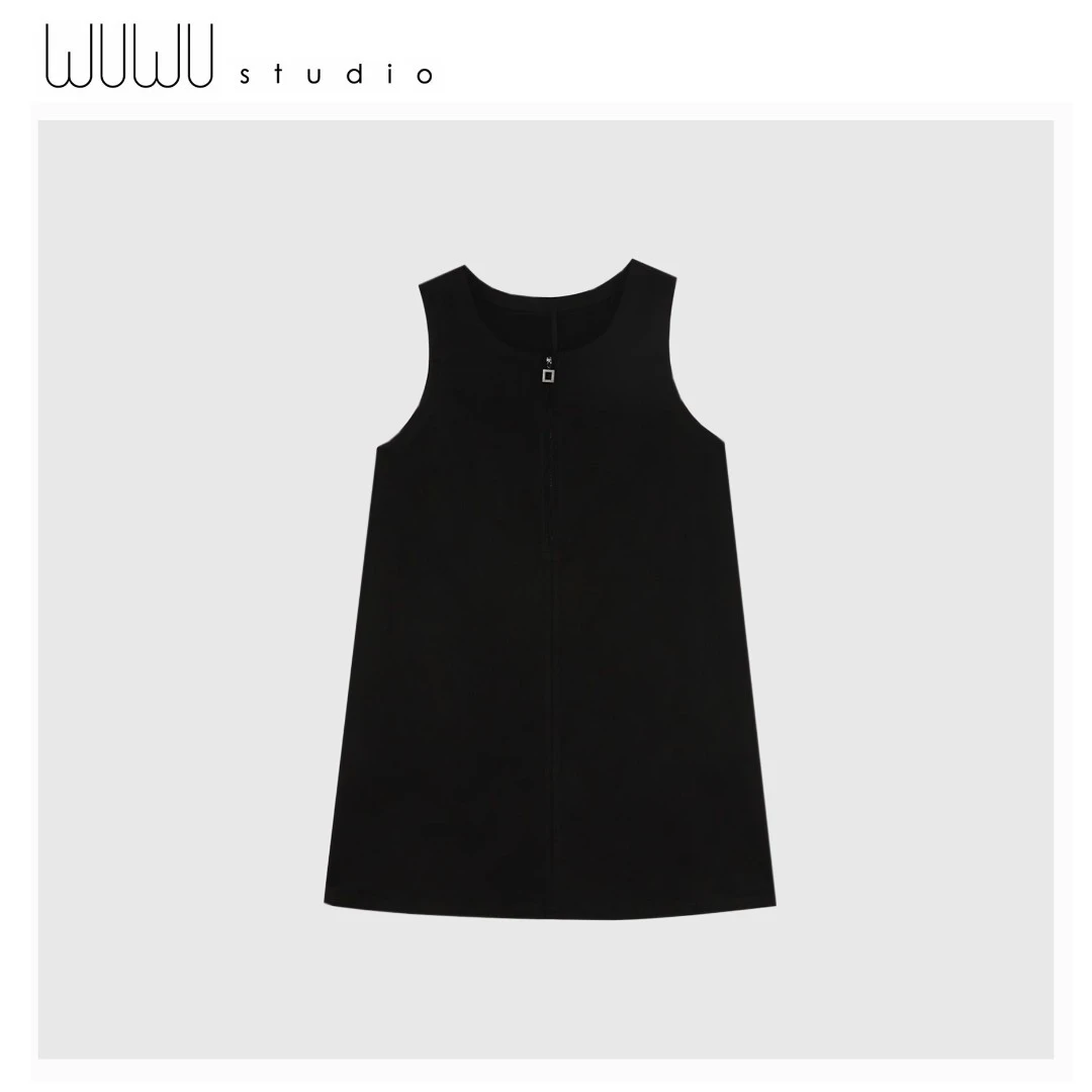 WUWU STUDIO【两面穿小黑裙】显瘦连衣裙前拉链无袖宽松裙子2023
