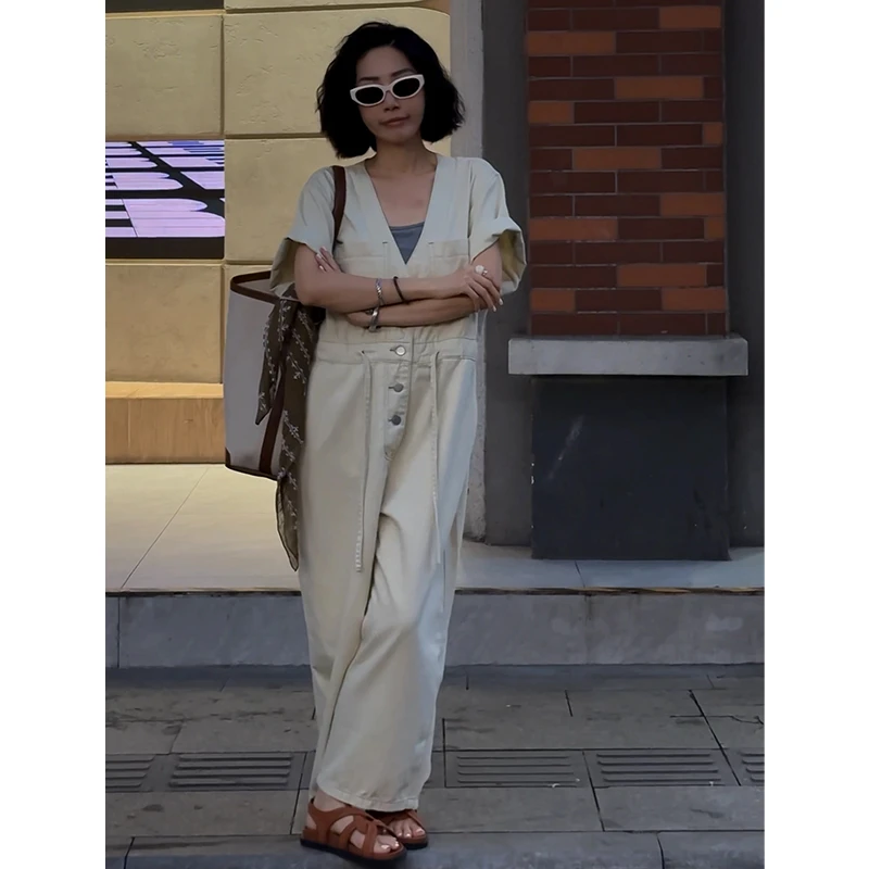 WUWU STUDIO 【觉醒】云上感廓形洗水棉短袖牛仔阔腿连体背带裤6482