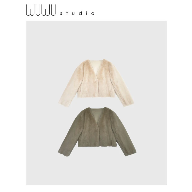 WUWU STUDIO 【香芋】韩式慵懒软毛毛长袖无领外套大衣财阀小姐6691