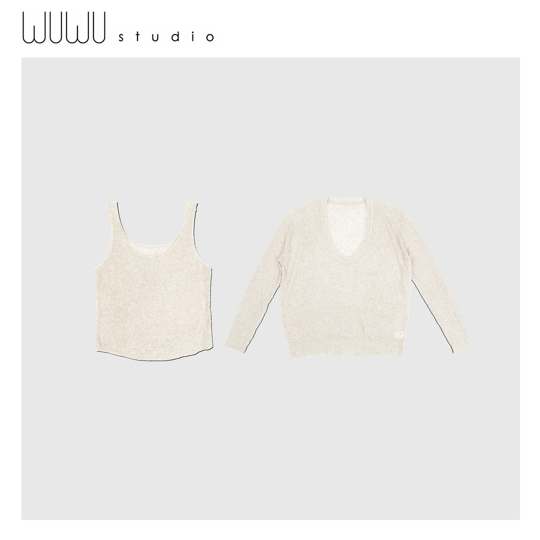 WUWU STUDIO【月落】温柔设计感两件套亲肤针织衫U领显瘦长袖6303