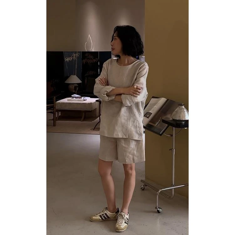 WUWU STUDIO【米兰】气质老钱风极简亚麻两面穿长袖短裤套装S6395