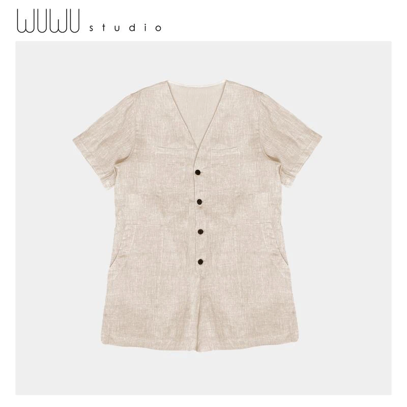 WUWU STUDIO【短袖连体裤】日系极简麻料V领单排扣半开襟连体短裤