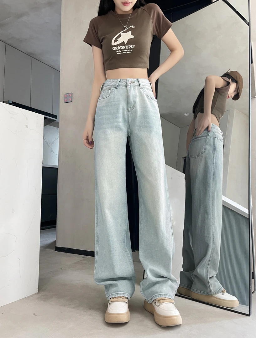 2025年早春时尚高腰百搭显瘦气质短款休闲复古垂感阔腿牛仔裤