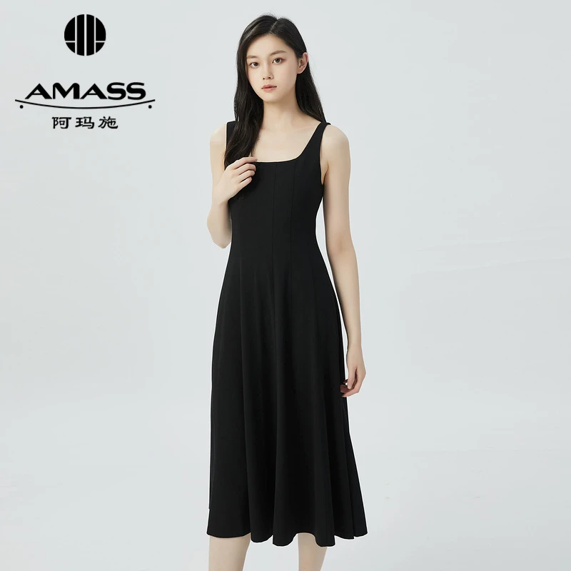 阿玛施新款简约气质复古无袖收腰洋装连衣裙5500546