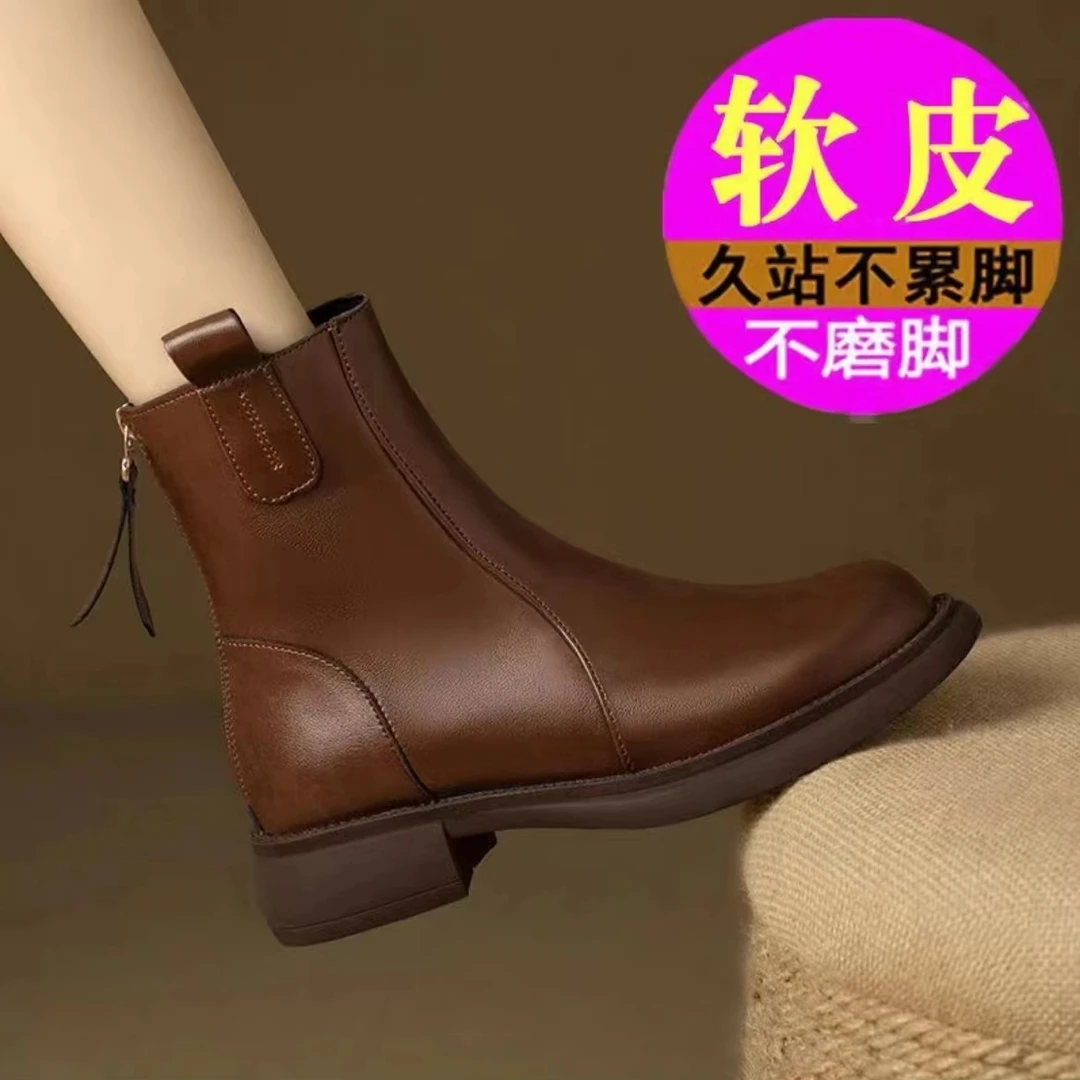 609牛皮软皮中跟复古马丁靴女休闲低跟短筒时尚舒适