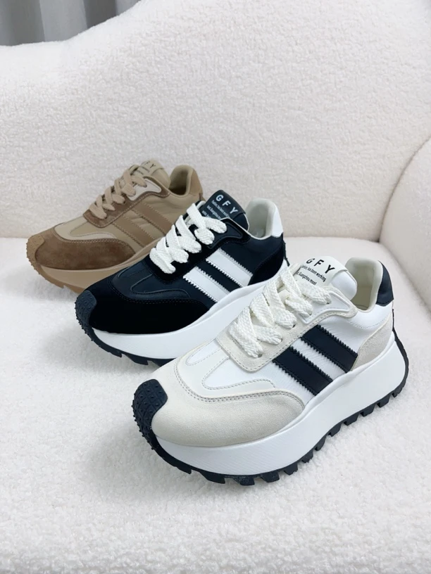 欧洲站2023秋季新款真皮厚底阿甘鞋女百搭时尚老爹鞋欧货增高女鞋