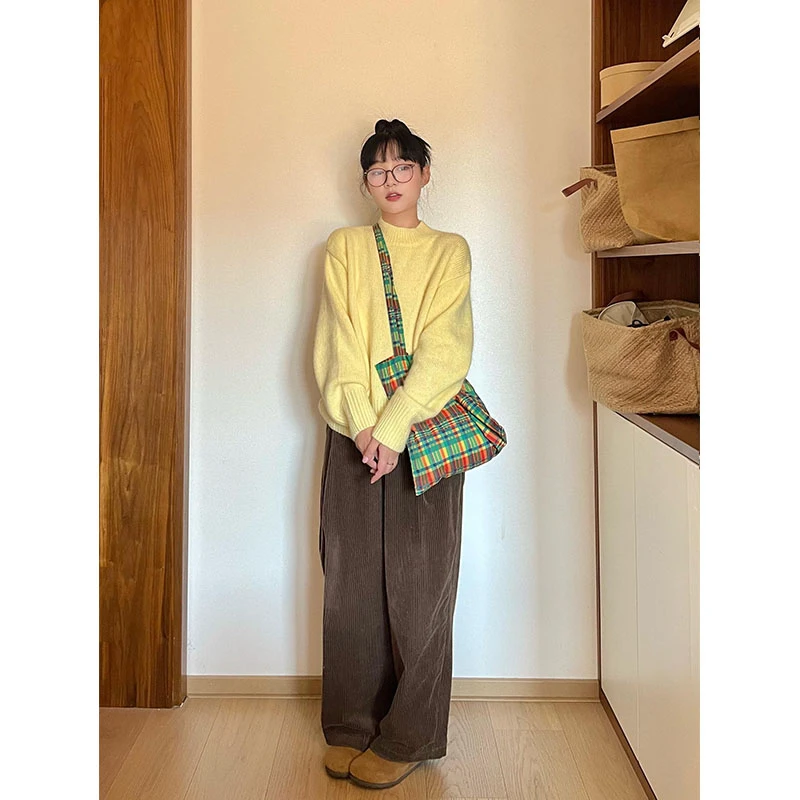 奶黄色半高领内搭毛衣休闲裤套装女秋冬季小个子穿搭一整套两件套