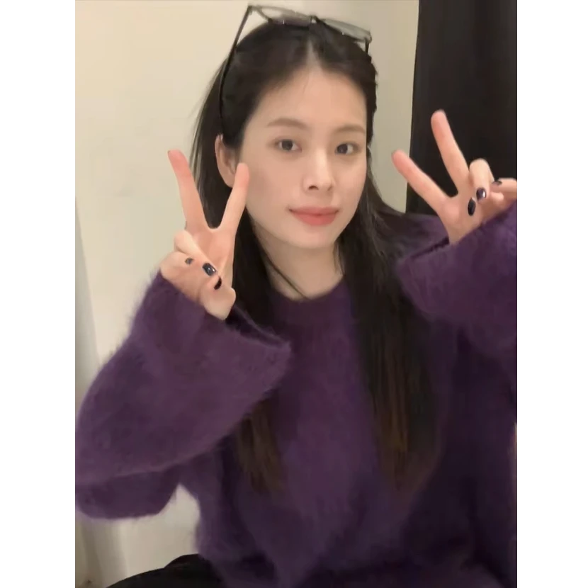 parkyeon紫色浣熊绒毛衣女秋冬慵懒软糯宽松外穿高级感针织衫上衣