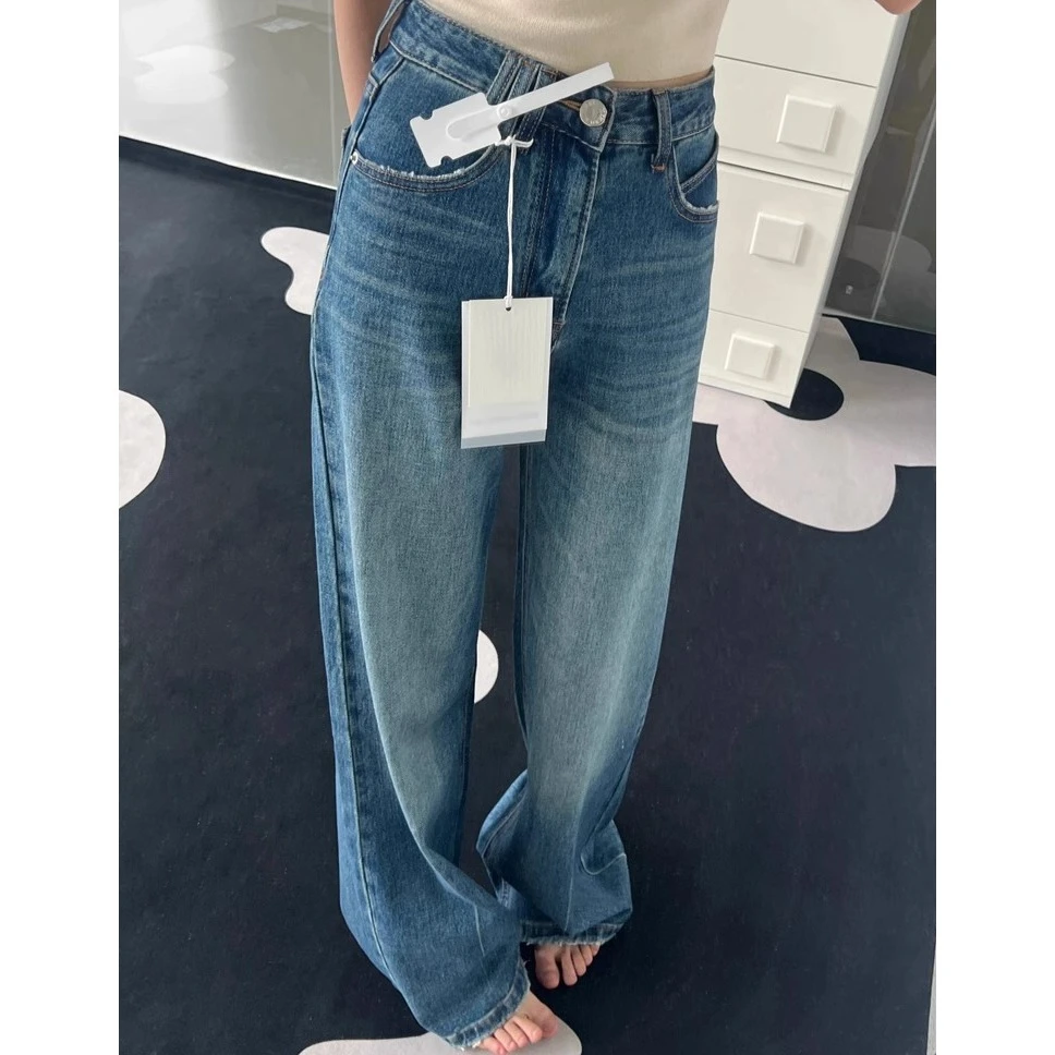 parkyeon美式蓝色高腰牛仔裤女夏薄款垂感慵懒阔腿裤宽松显瘦裤子
