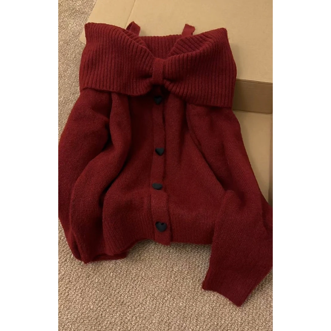 parkyeon学院风露肩上衣少女感穿搭秋冬季新款圣诞节红色针织毛衣