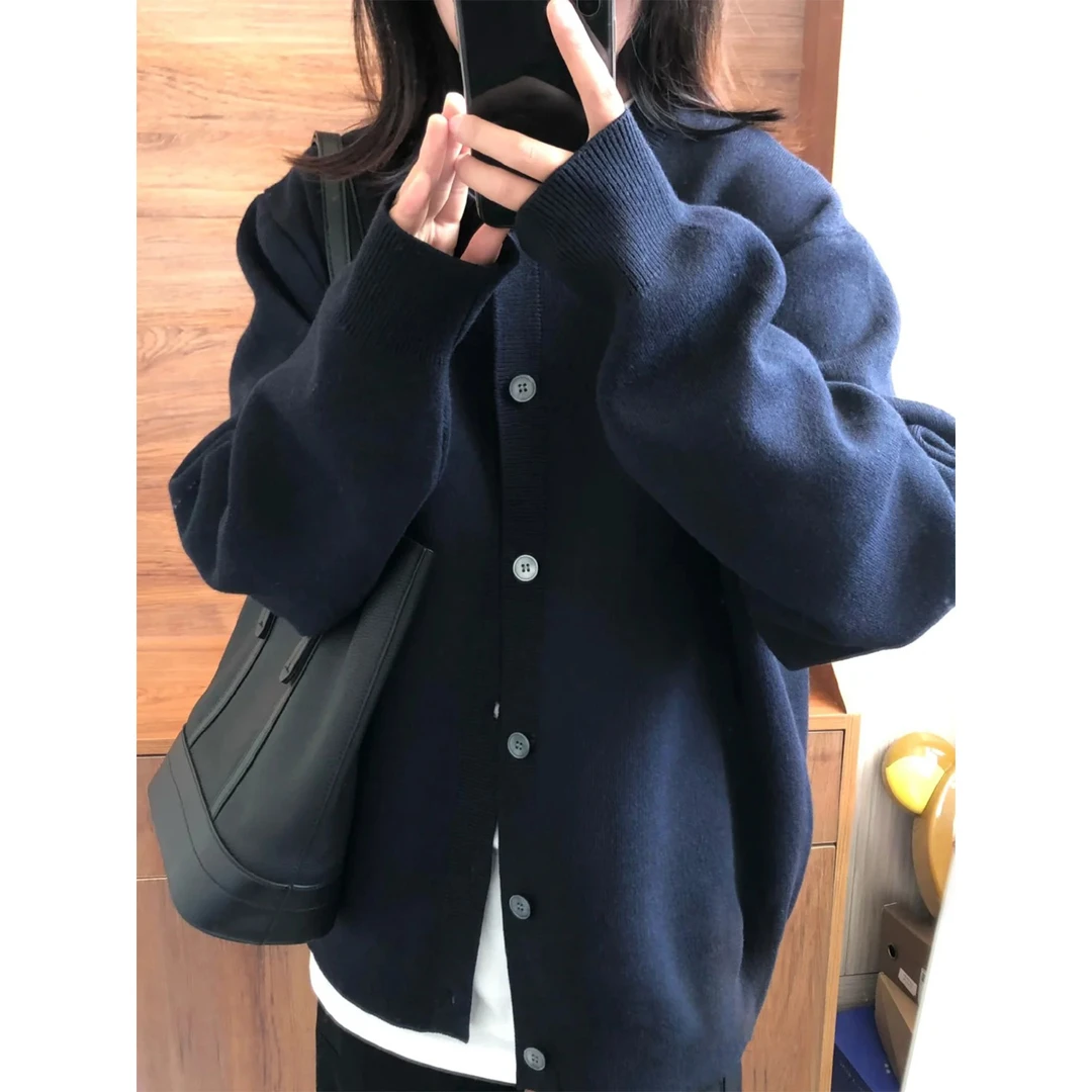 parkyeon藏青色针织衫女春秋慵懒风别致chic休闲百搭针织开衫上衣