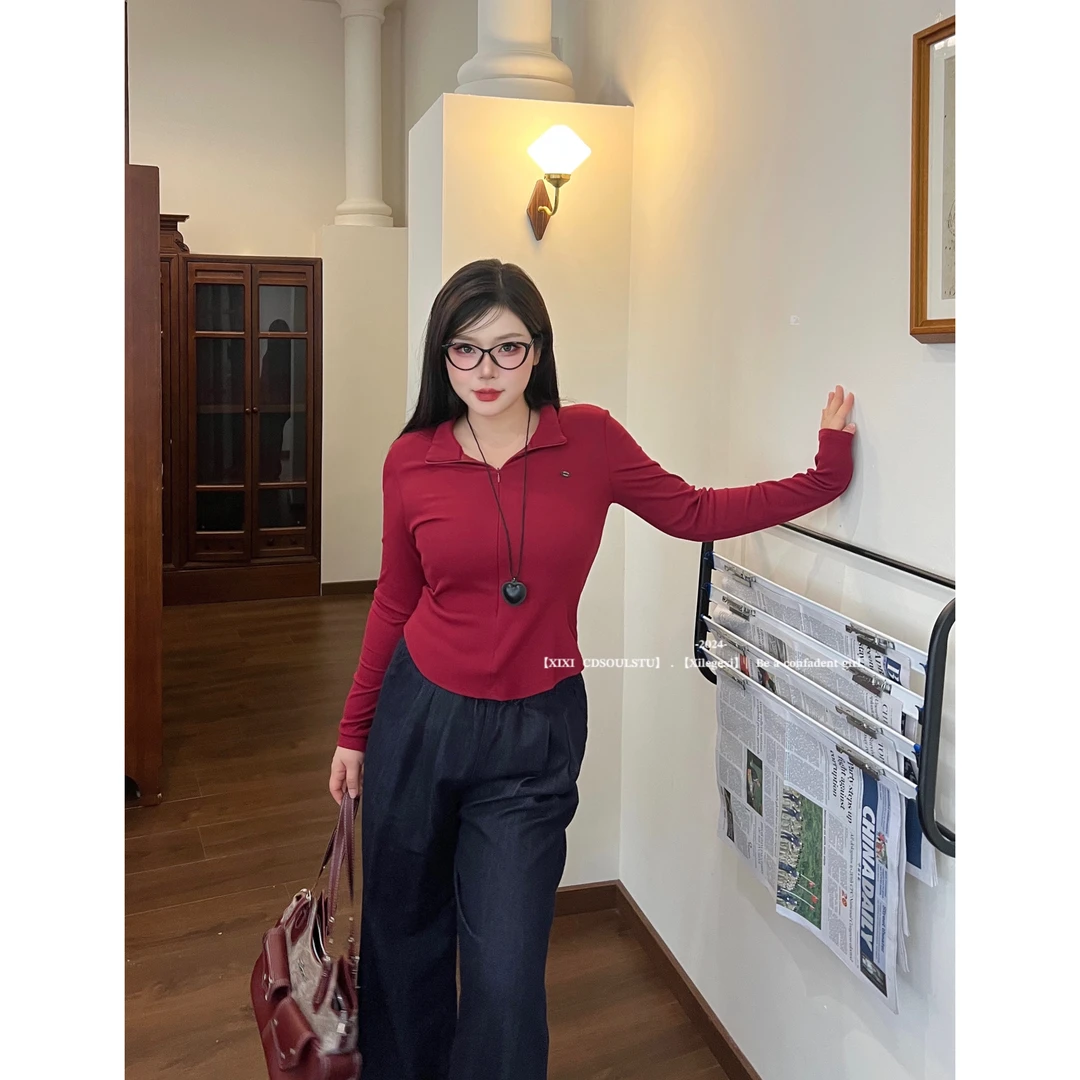 【PPEIQI】"温柔理想"大码休闲运动风拉链长袖T恤女内搭打底衫显瘦