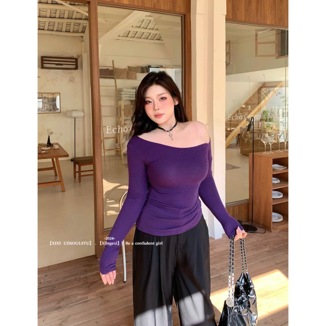 【PPEIQI】"美人心计'大码辣妹斜肩早秋长袖打底纯欲紧身性感上衣