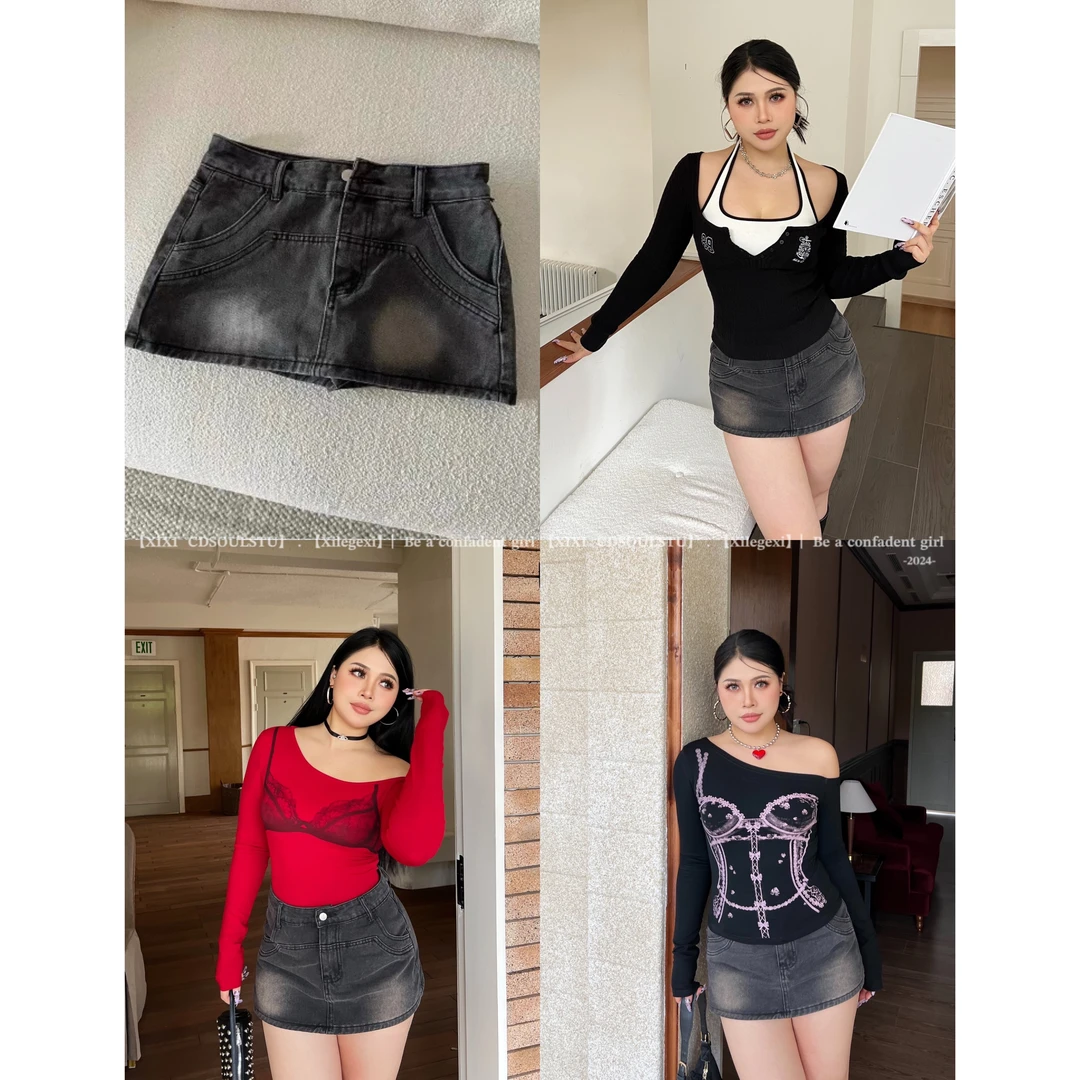 【PPEIQI】"热辣印记”大码美式辣妹高腰牛仔半身裙遮胯包臀短裙裤