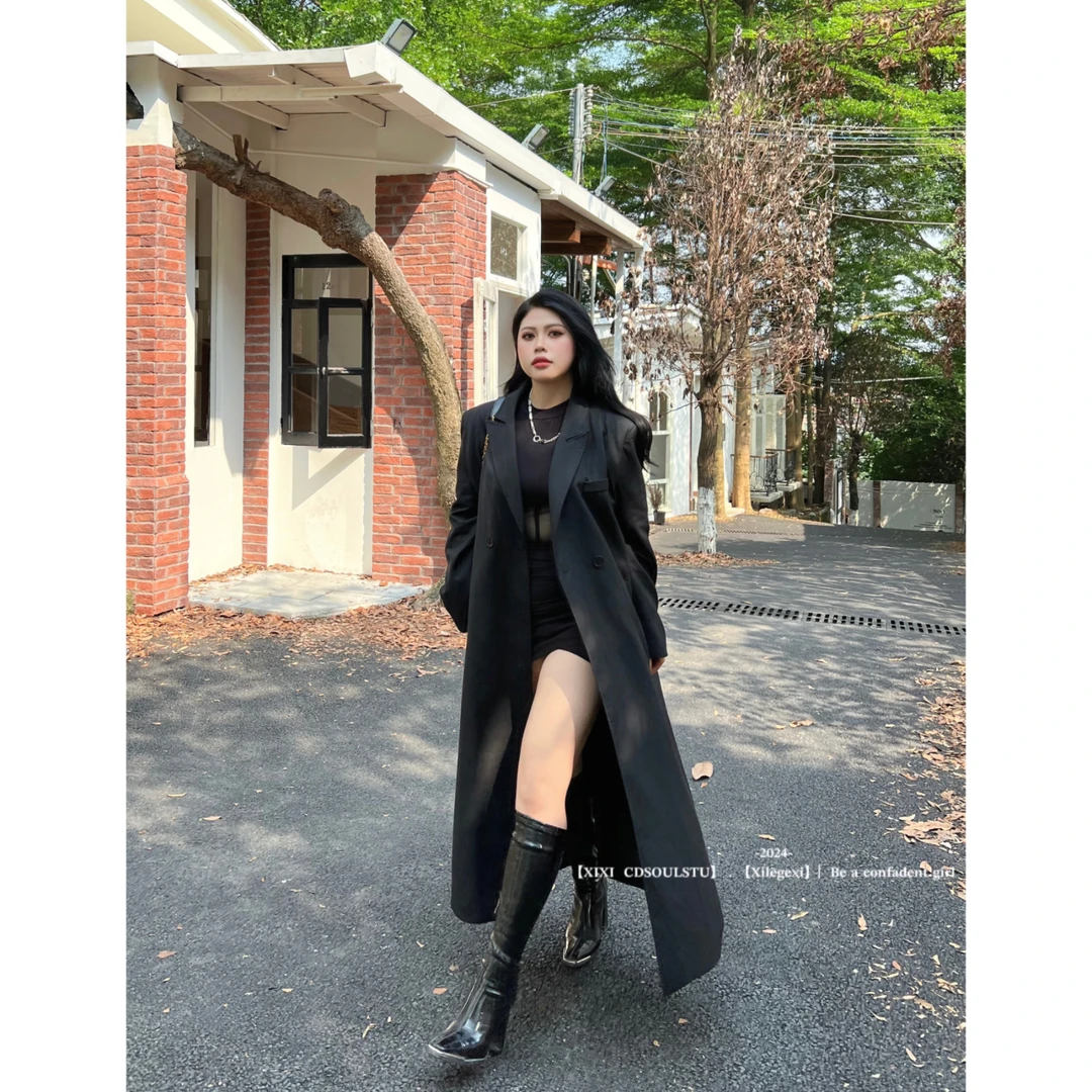 【PPEIQI】"经典回潮'大码杂志高级有气场黑色长款宽松加棉西装外套