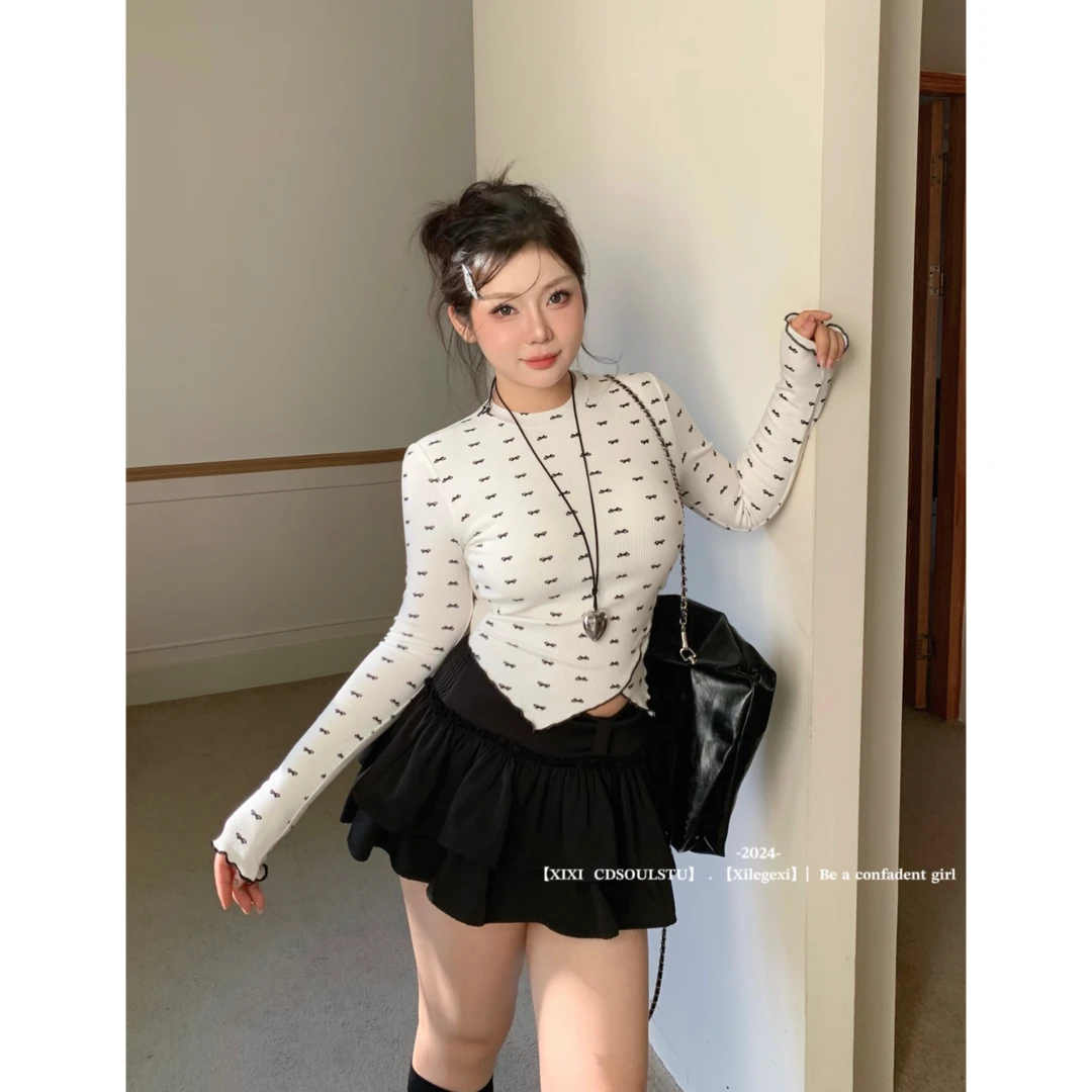 【PPEIQI】"少女绮想"大码不规则短款设计感蝴蝶印花长袖T恤打底上