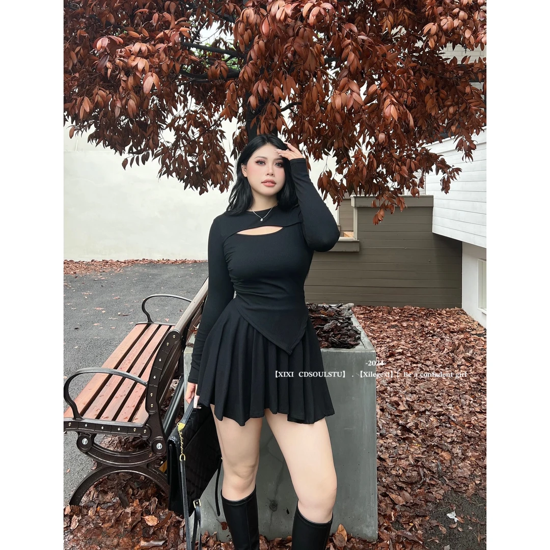 【PPEIQI】"珍妮小姐'大码镂空长袖不规则秋款上衣+高腰a字半身裙