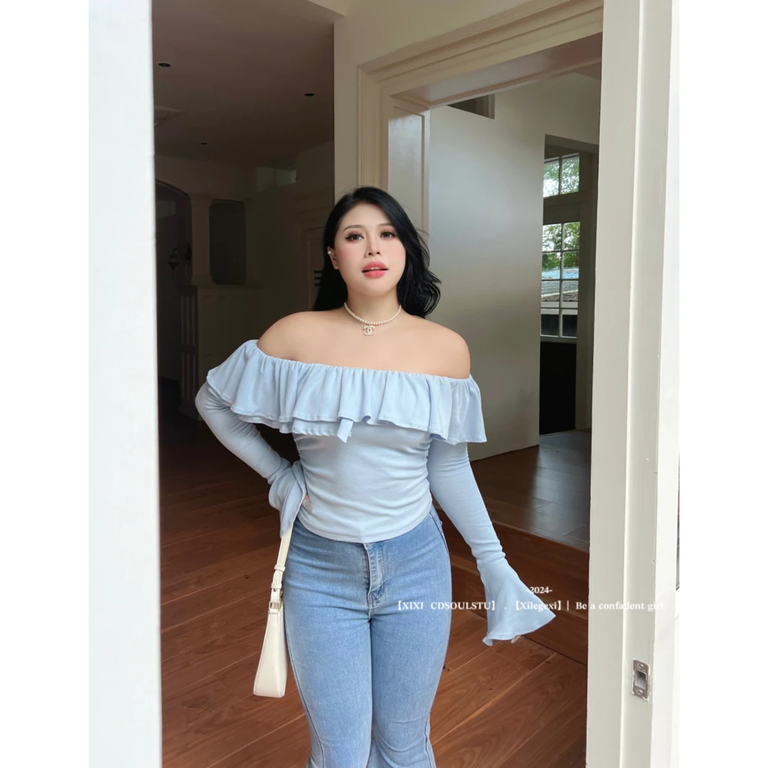 【PPEIQI】"海盐甜心"大码一字肩早秋上衣女气质法式茶歇荷叶边上衣