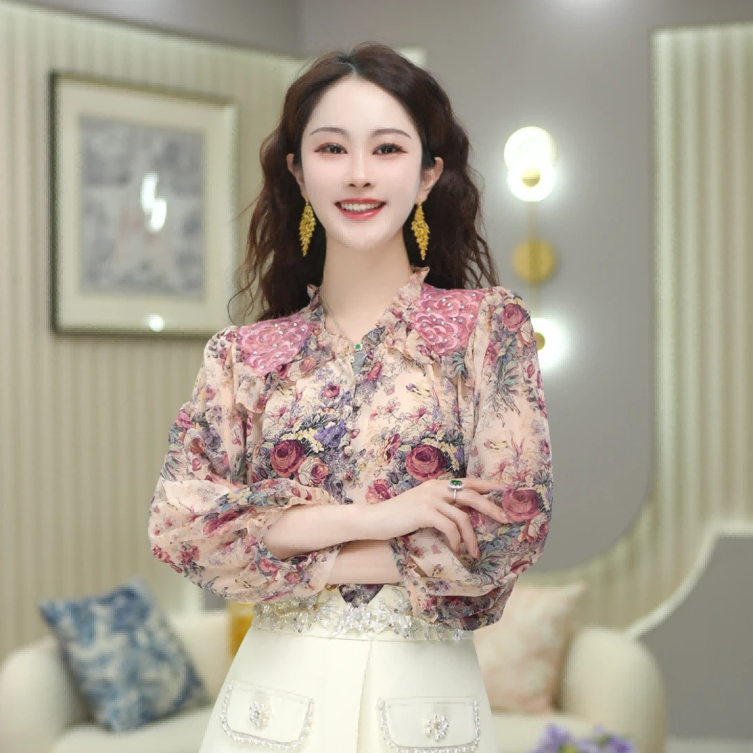 米娅 春夏新款高端上档次衬衣女百搭洋气长袖碎花衬衫上衣 DY4247