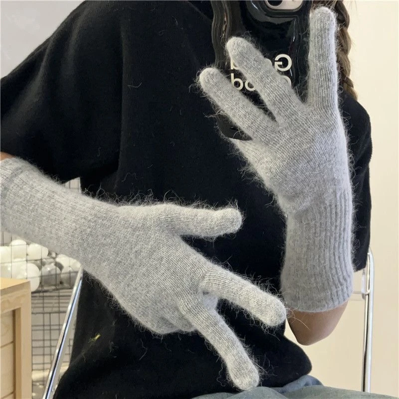 【李大毛】秋冬季纯色针织加长韩国女手套保暖加厚兔绒ins分指款