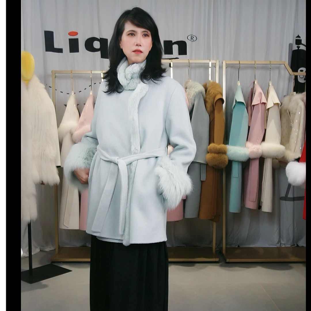 双面羊毛呢大衣女狐狸毛獭兔拼接时尚气质修身百搭2024秋冬新款21