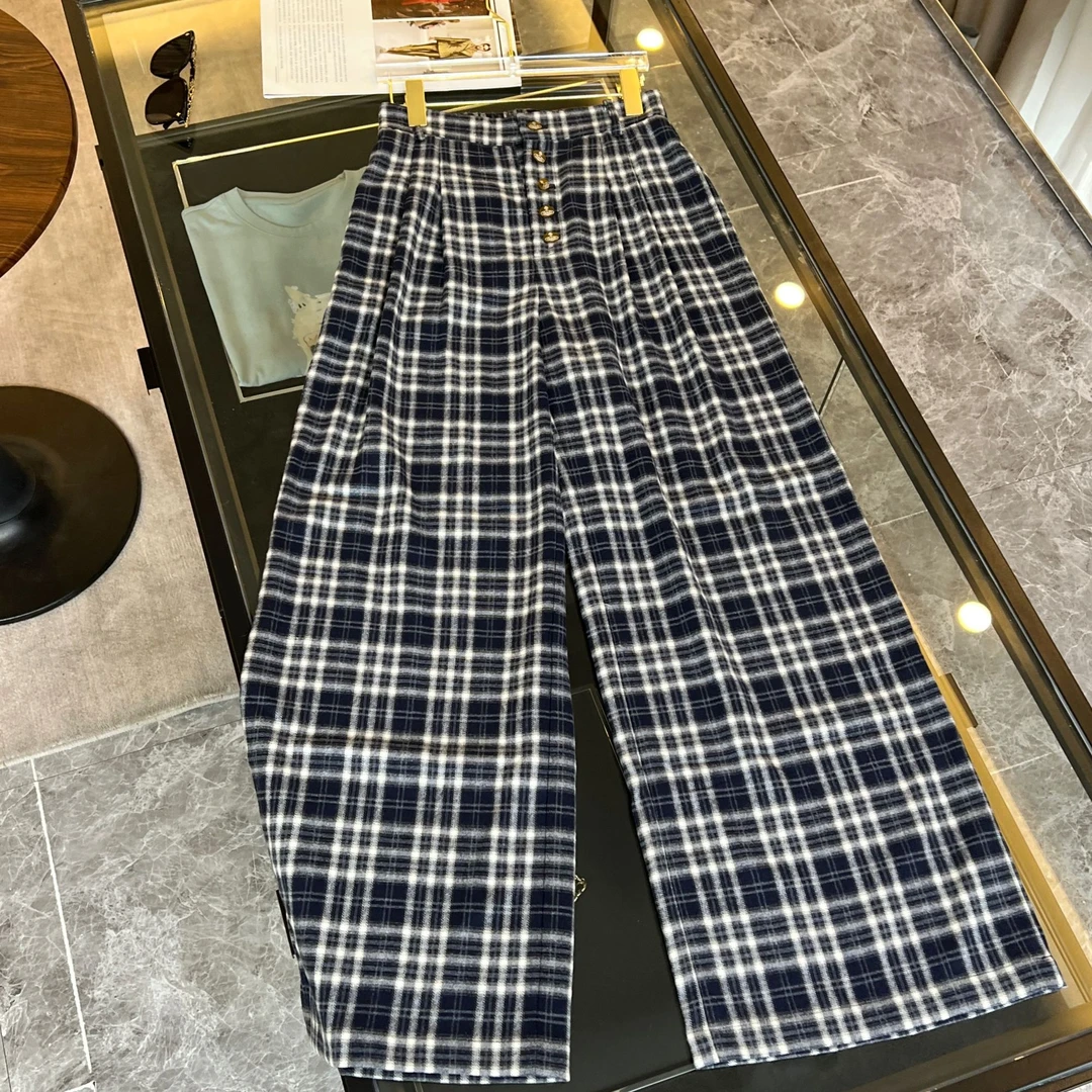 {新品}【蓝白格纹】高腰显瘦格纹休闲裤长裤宽松直筒裤