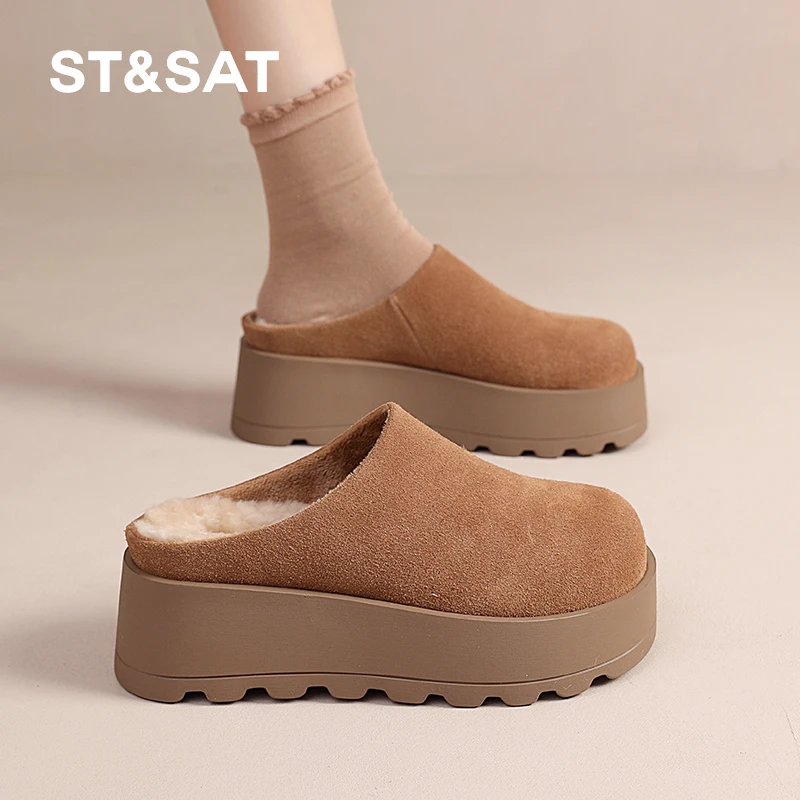 星期六包头半拖鞋女2025冬季新款女款外穿加绒加厚保暖勃肯棉拖鞋