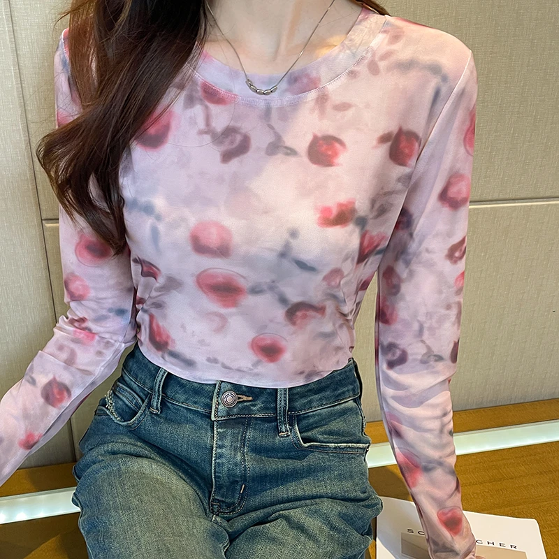 2024秋季新款复古花朵印花圆领长袖网纱防晒打底衫女t恤上衣薄款