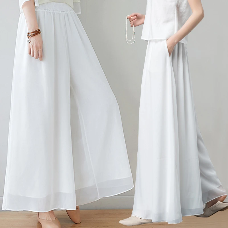 夏季韩版双层飘逸雪纺冰丝阔腿裤女高腰大码九分宽松休闲长裤子