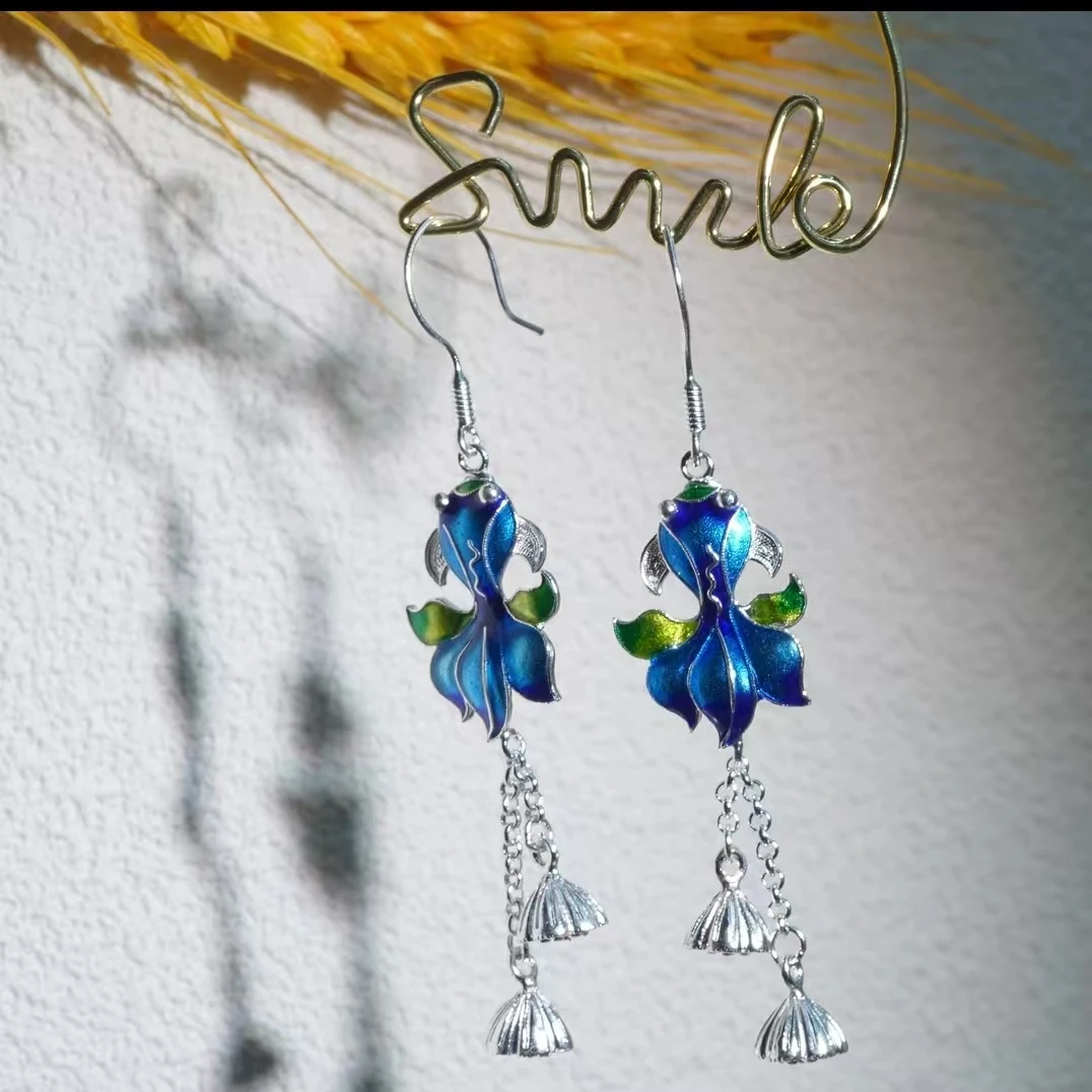 足银耳饰 足银999民族风工艺单面小鱼珐琅彩流苏莲蓬耳环个性百搭