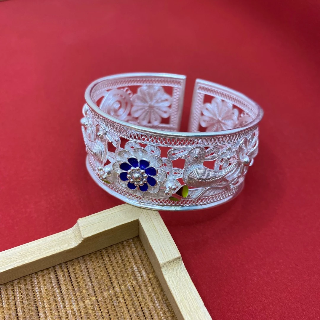 足银手镯 手工艺银饰品.足银999民族风珐琅彩花花手镯开口时尚