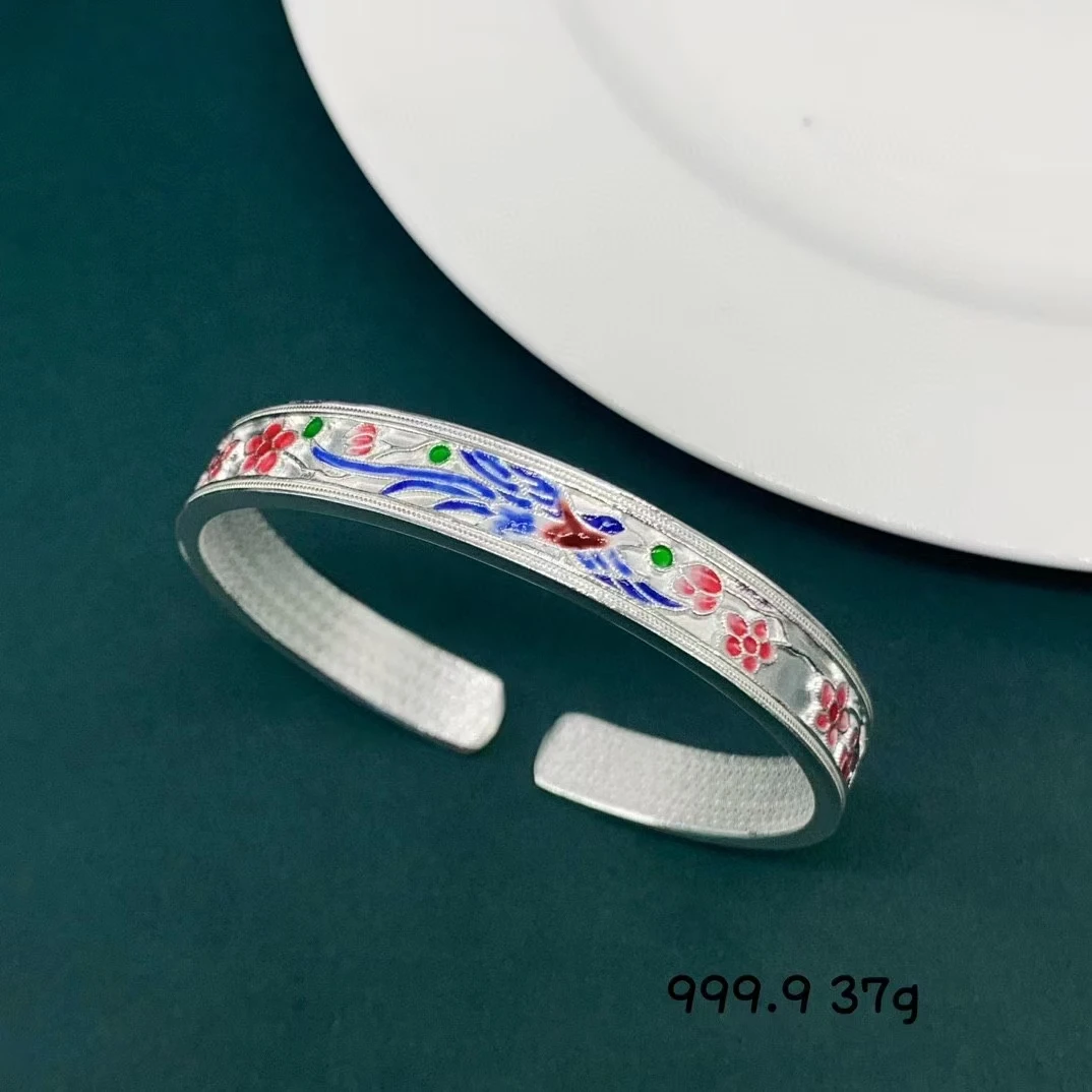 足银珐琅手镯 中足银999.9珐琅彩梅花燕子手镯气质时尚百搭